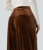 High Waisted Color Block Velvet Straight Leg Casual Trousers with Pockets — Autumn Flame — view 5