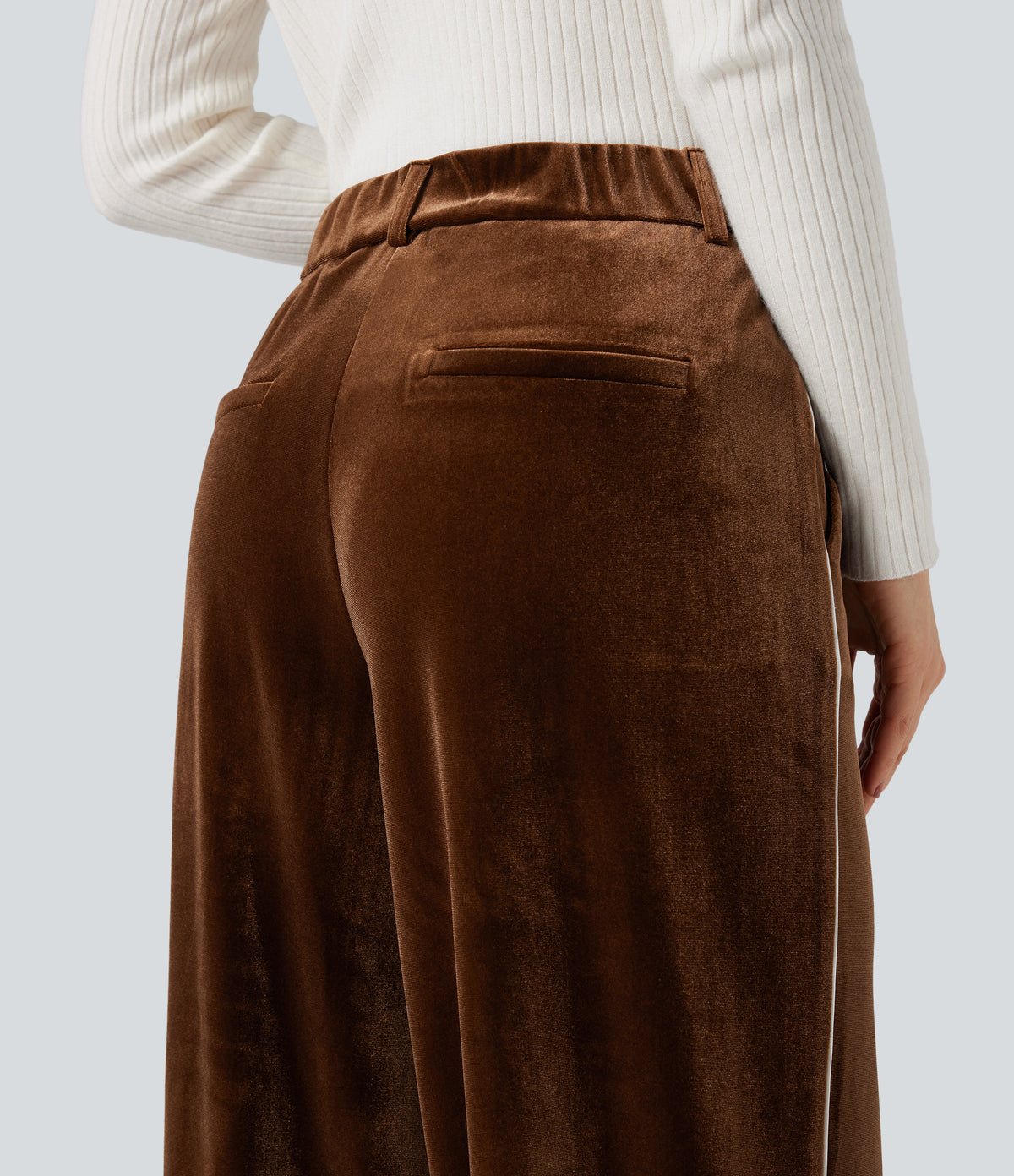 High Waisted Color Block Velvet Straight Leg Casual Trousers with Pockets — Autumn Flame — view 5