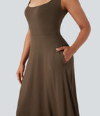 U-Neck Sleeveless Midi Flowy Party Dress with Pockets — Flamewood Brown — view 4