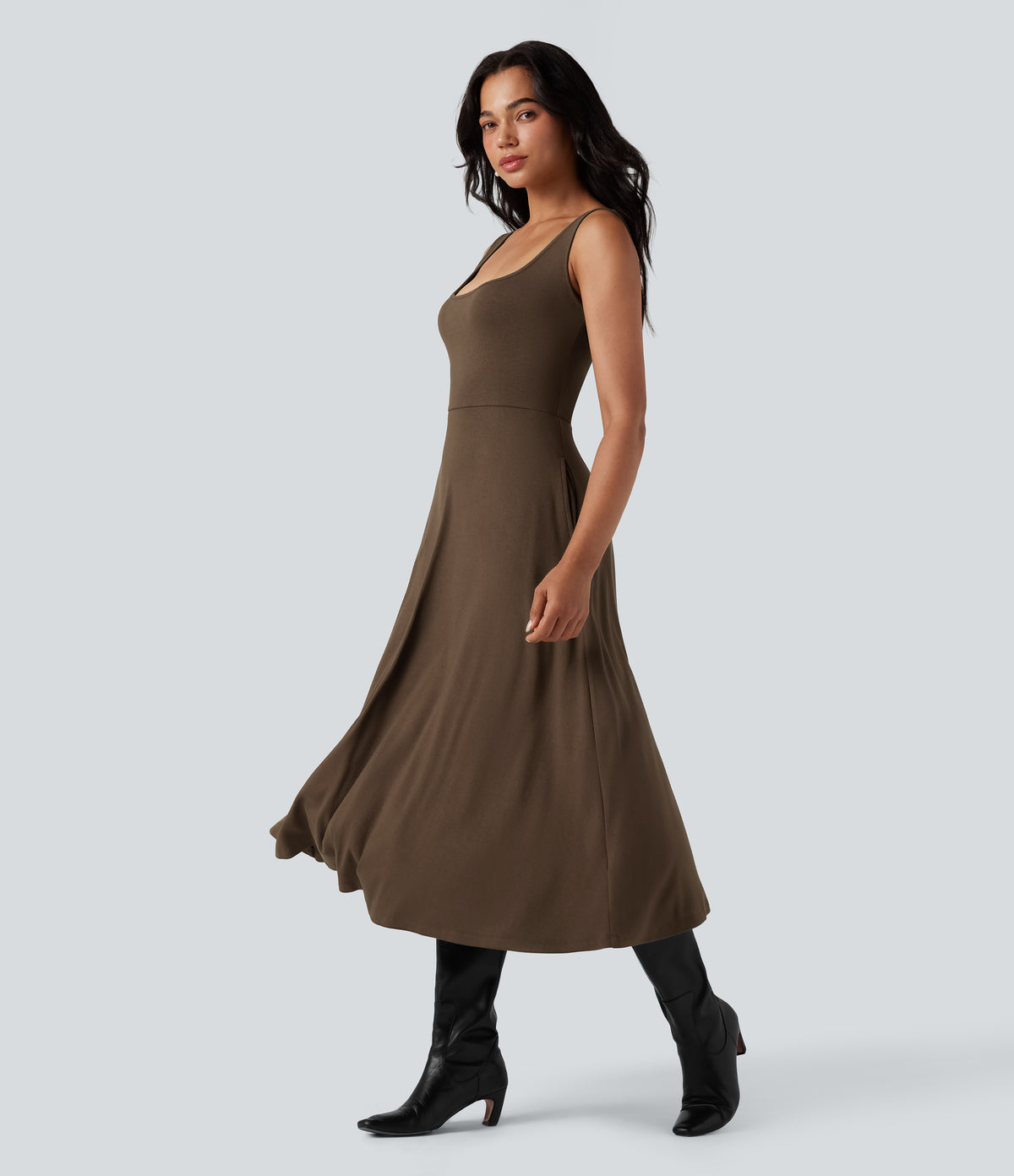 U-Neck Sleeveless Midi Flowy Party Dress with Pockets — Flamewood Brown — view 3