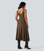 U-Neck Sleeveless Midi Flowy Party Dress with Pockets — Flamewood Brown — view 2