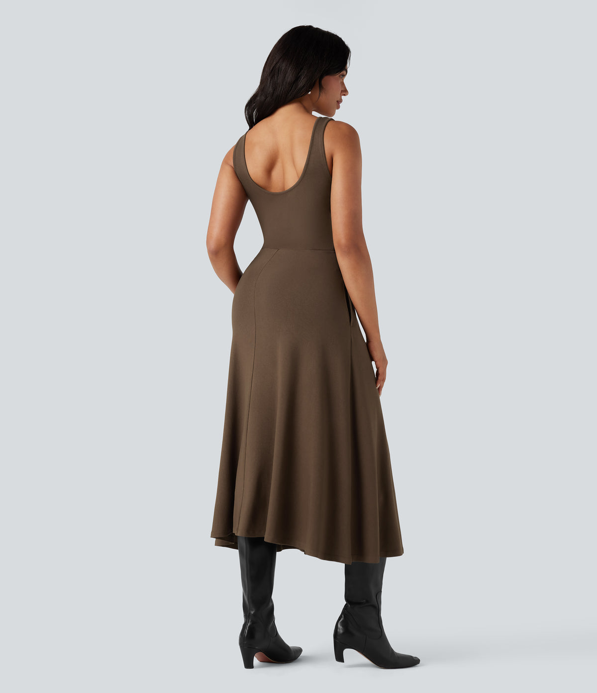 U-Neck Sleeveless Midi Flowy Party Dress with Pockets — Flamewood Brown — view 2