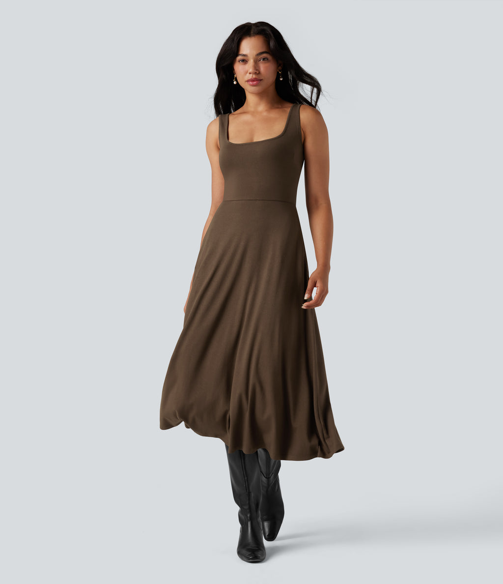 U-Neck Sleeveless Midi Flowy Party Dress with Pockets — Flamewood Brown — view 1