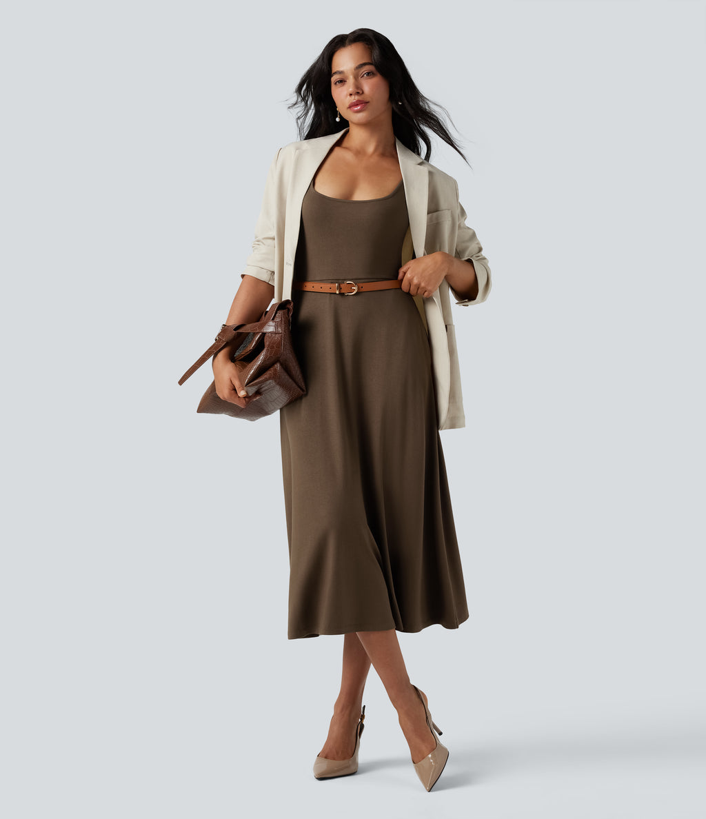 U-Neck Sleeveless Midi Flowy Party Dress with Pockets — Flamewood Brown — view 5
