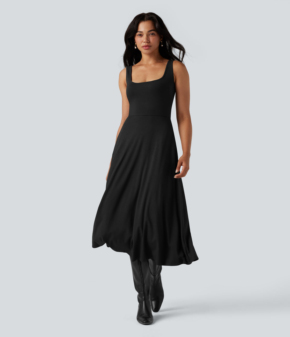 U-Neck Sleeveless Midi Flowy Party Dress with Pockets — Black — view 6