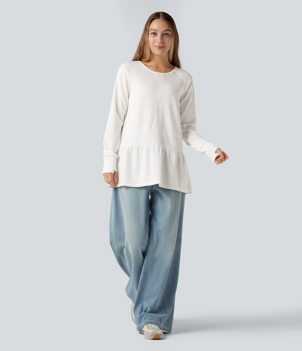 Round Neck Long Sleeve Thumb Holes Ruffle Hem Casual Sweatshirt — Cloud Dancer — view 5