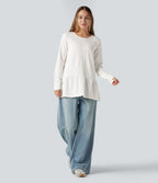 Round Neck Long Sleeve Thumb Holes Ruffle Hem Casual Sweatshirt — Cloud Dancer — view 5