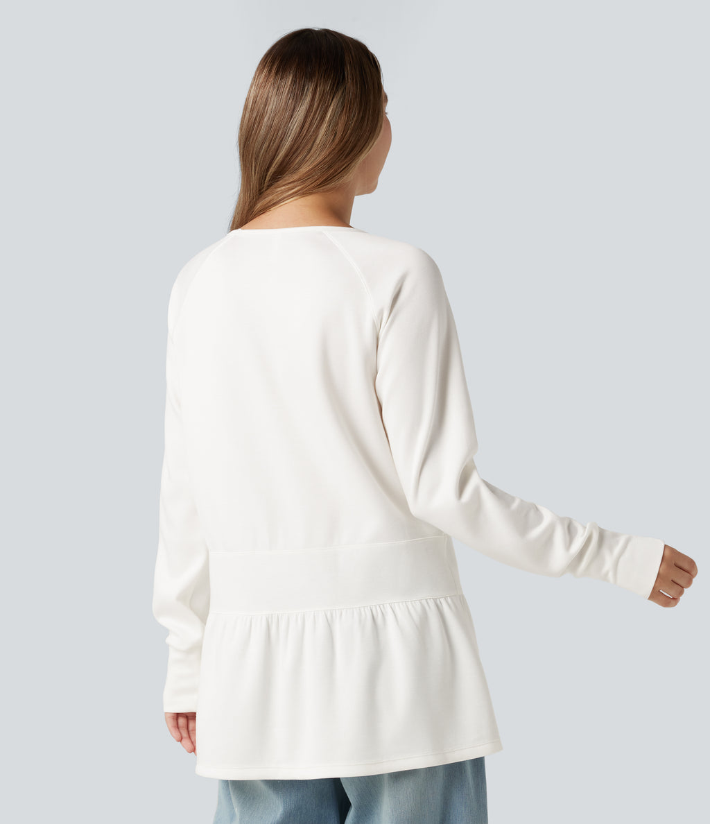 Round Neck Long Sleeve Thumb Holes Ruffle Hem Casual Sweatshirt — Cloud Dancer — view 2