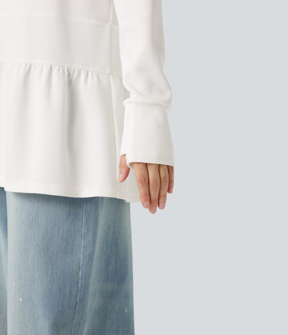 Round Neck Long Sleeve Thumb Holes Ruffle Hem Casual Sweatshirt — Cloud Dancer — view 4