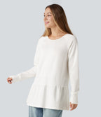 Round Neck Long Sleeve Thumb Holes Ruffle Hem Casual Sweatshirt — Cloud Dancer — view 3
