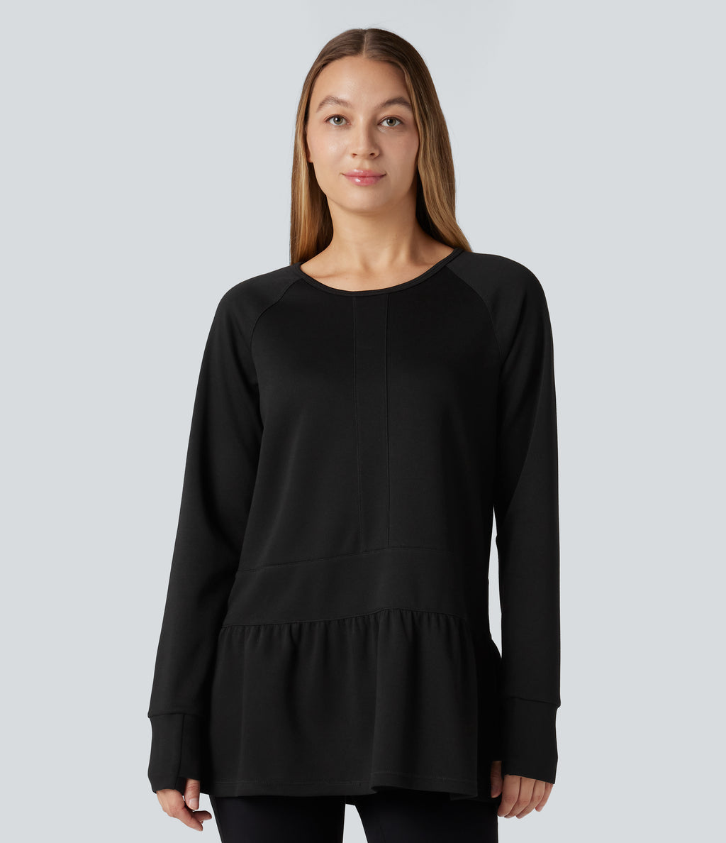 Round Neck Long Sleeve Thumb Holes Ruffle Hem Casual Sweatshirt — Black — view 6