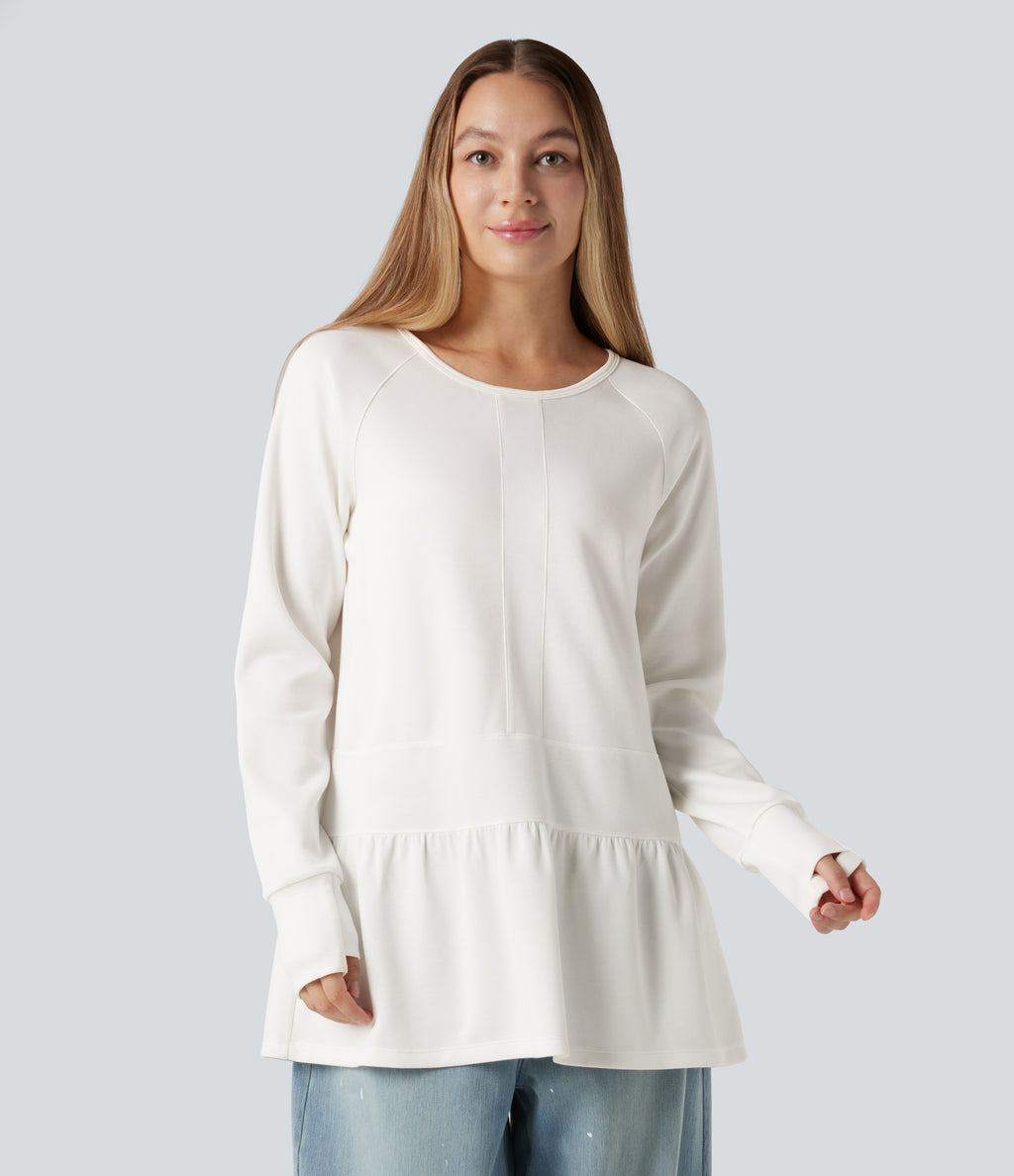 Round Neck Long Sleeve Thumb Holes Ruffle Hem Casual Sweatshirt — Cloud Dancer — view 1