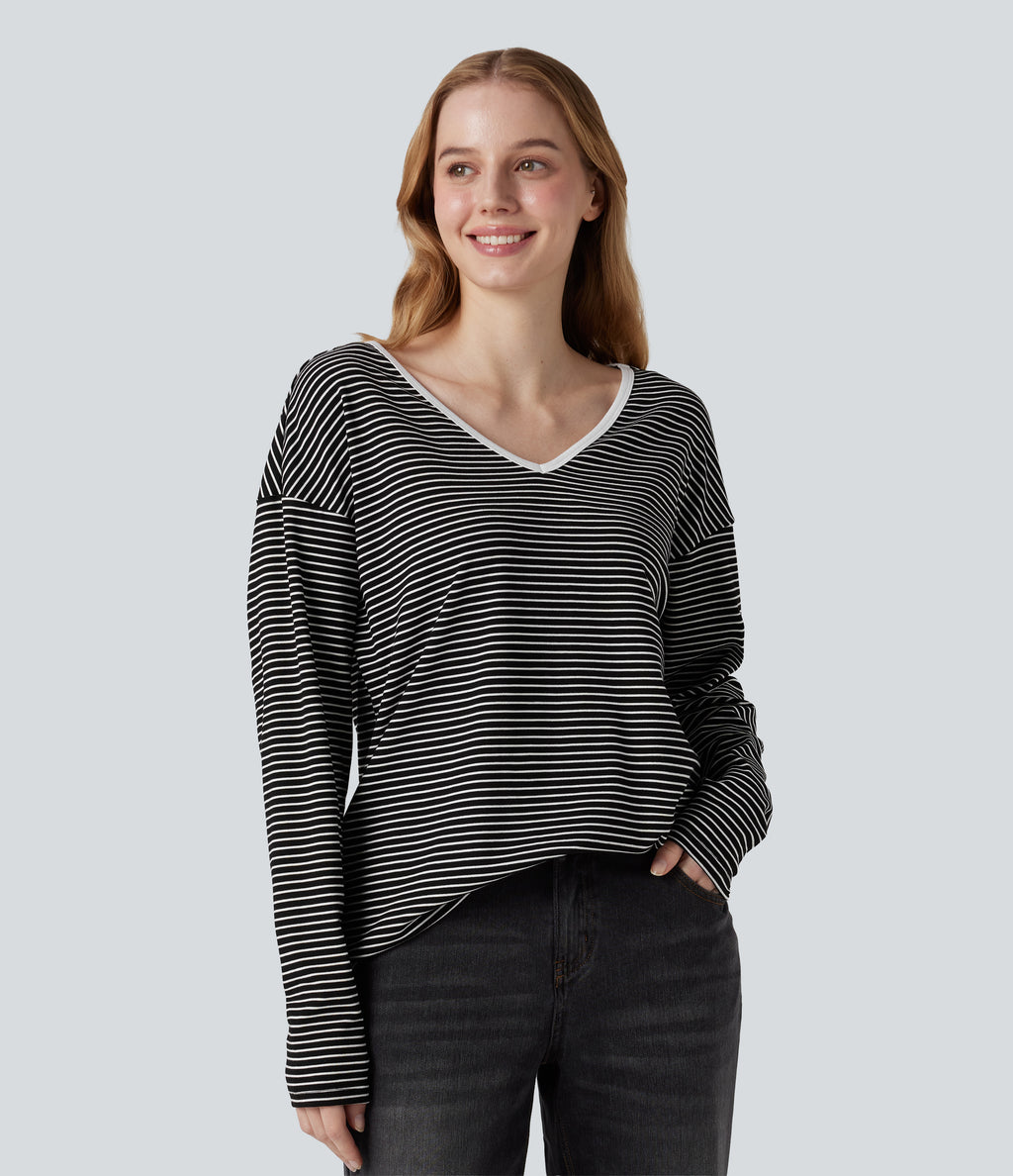 V-neck Long Sleeve Stripes Casual T-Shirt — Black White Horizontal Stripe — view 1