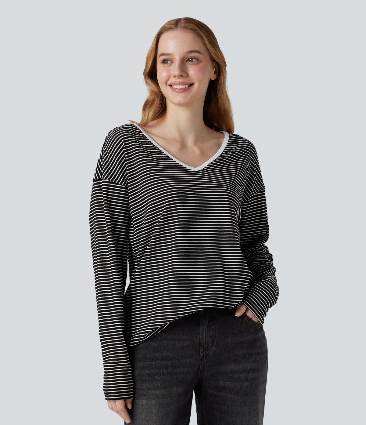 V-neck Long Sleeve Stripes Casual T-Shirt — Black White Horizontal Stripe — view 1