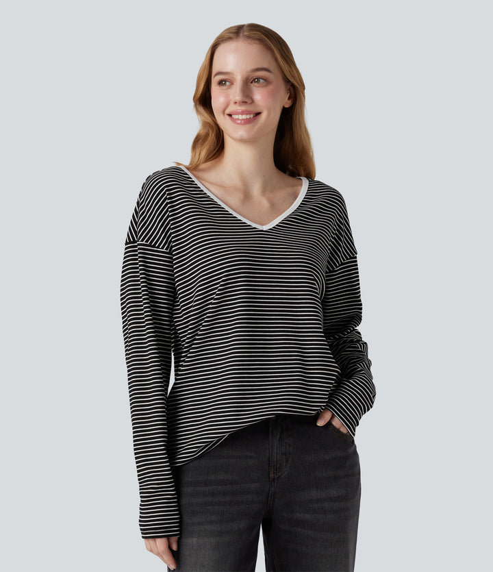 V-neck Long Sleeve Stripes Casual T-Shirt — Black White Horizontal Stripe — view 1