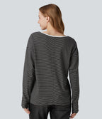 V-neck Long Sleeve Stripes Casual T-Shirt — Black White Horizontal Stripe — view 2