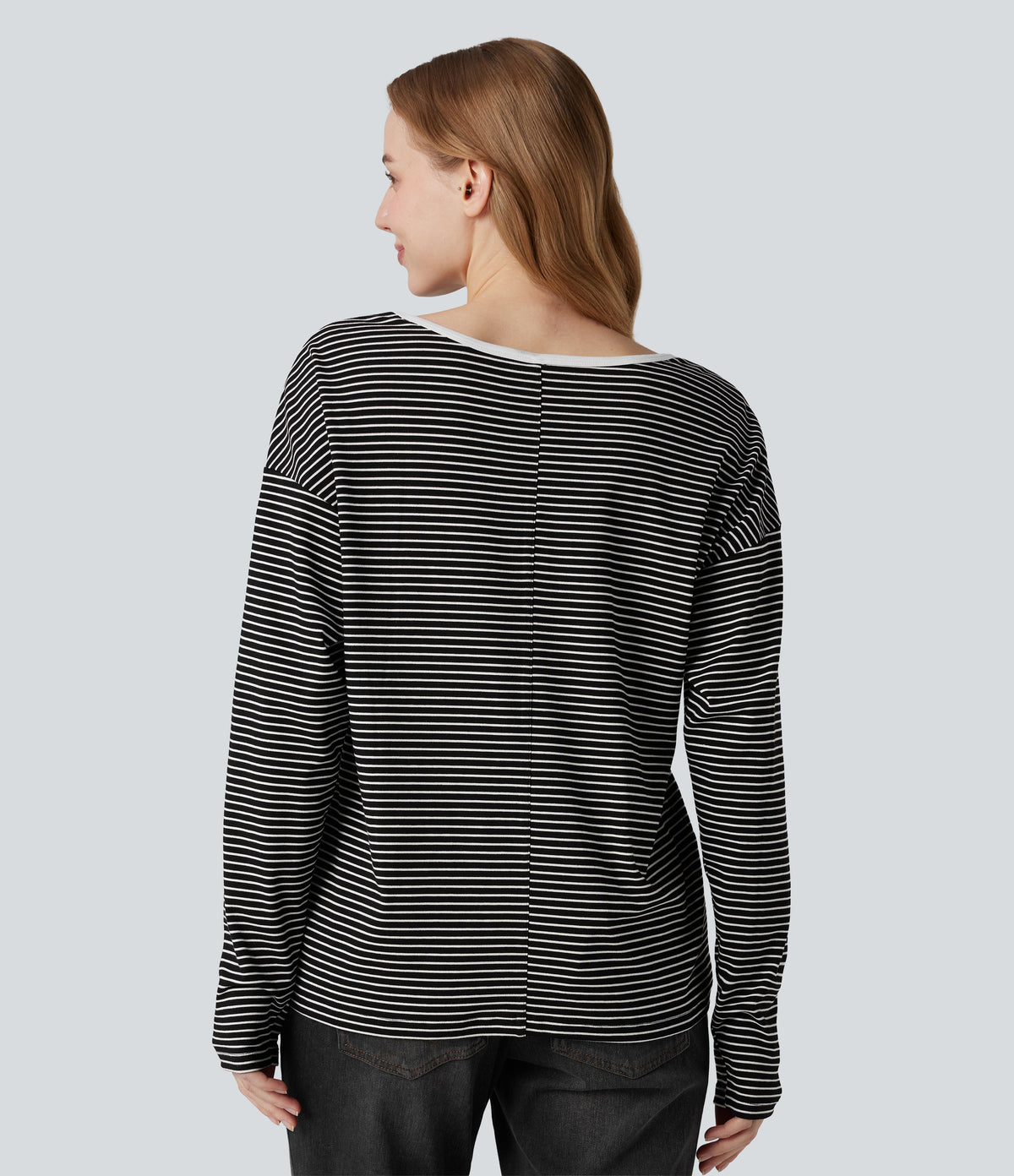 V-neck Long Sleeve Stripes Casual T-Shirt — Black White Horizontal Stripe — view 2