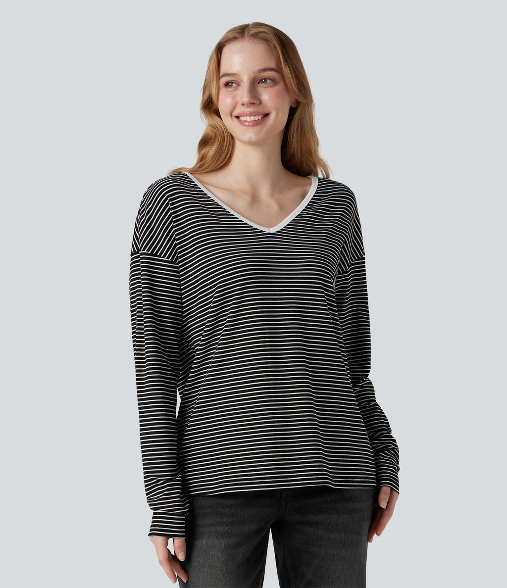 V-neck Long Sleeve Stripes Casual T-Shirt — Black White Horizontal Stripe — view 5