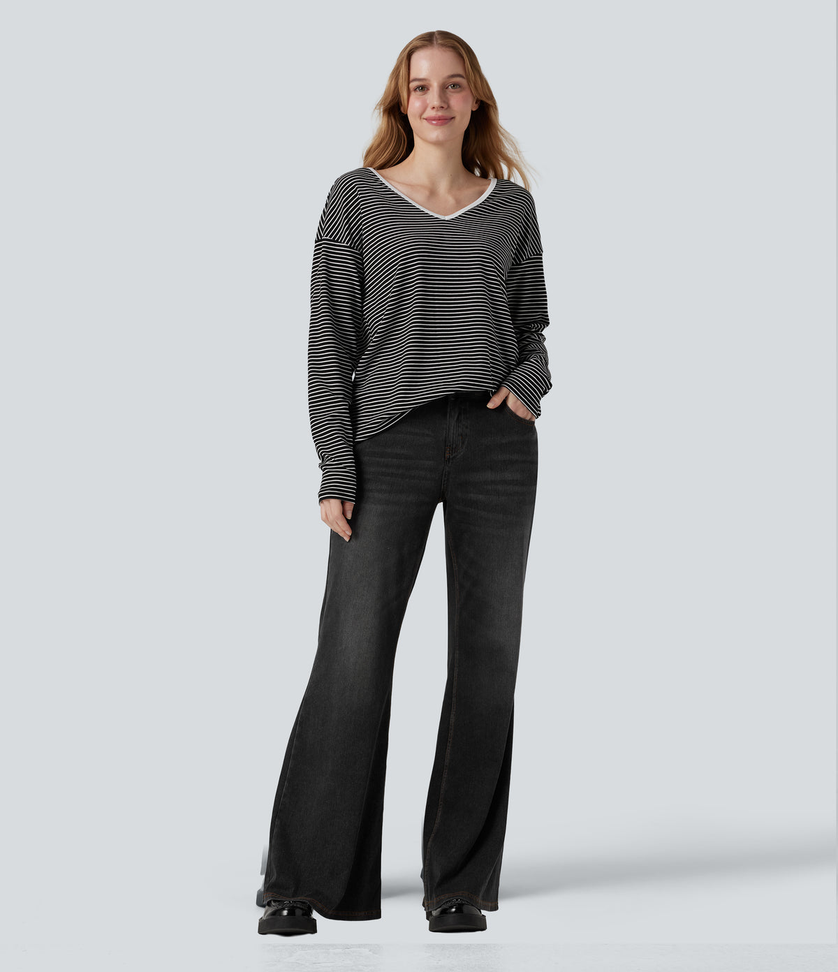 V-neck Long Sleeve Stripes Casual T-Shirt — Black White Horizontal Stripe — view 7