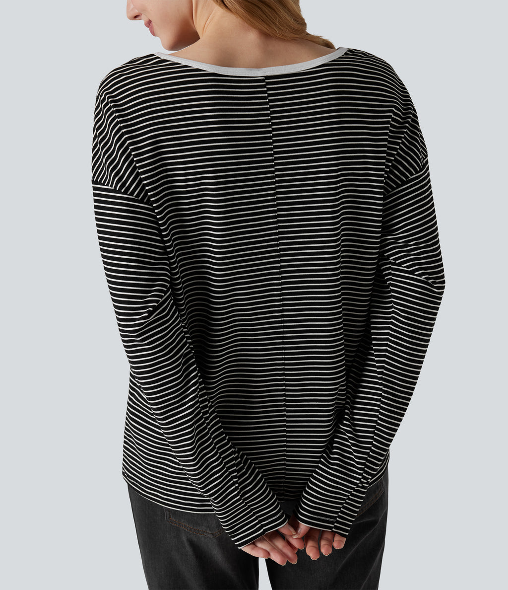 V-neck Long Sleeve Stripes Casual T-Shirt — Black White Horizontal Stripe — view 6