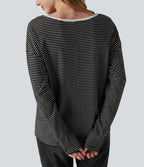 V-neck Long Sleeve Stripes Casual T-Shirt — Black White Horizontal Stripe — view 6