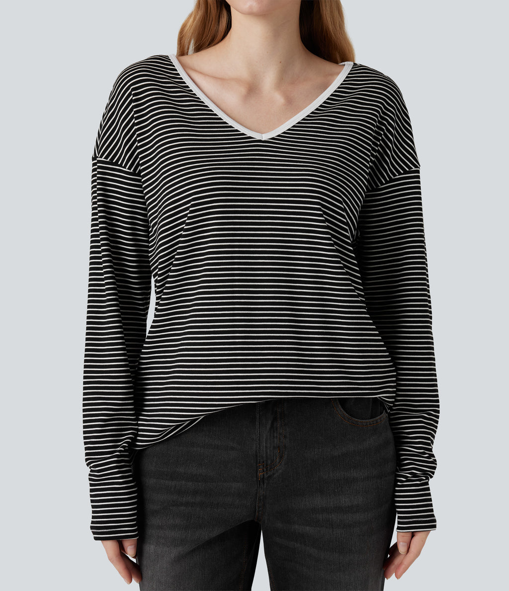 V-neck Long Sleeve Stripes Casual T-Shirt — Black White Horizontal Stripe — view 4