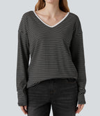 V-neck Long Sleeve Stripes Casual T-Shirt — Black White Horizontal Stripe — view 4