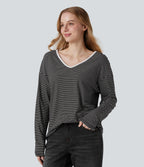 V-neck Long Sleeve Stripes Casual T-Shirt — Black White Horizontal Stripe — view 3