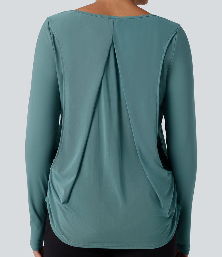 Airy Long Sleeve Thumb Holes Contrast Mesh Cut-out Yoga Sports Top — Rock Cyan Blue — view 1