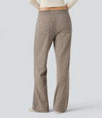 Ribbed Knit Low Rise Drawstring Casual Bootcut Trousers with Pockets — Mocha Meringue — view 2