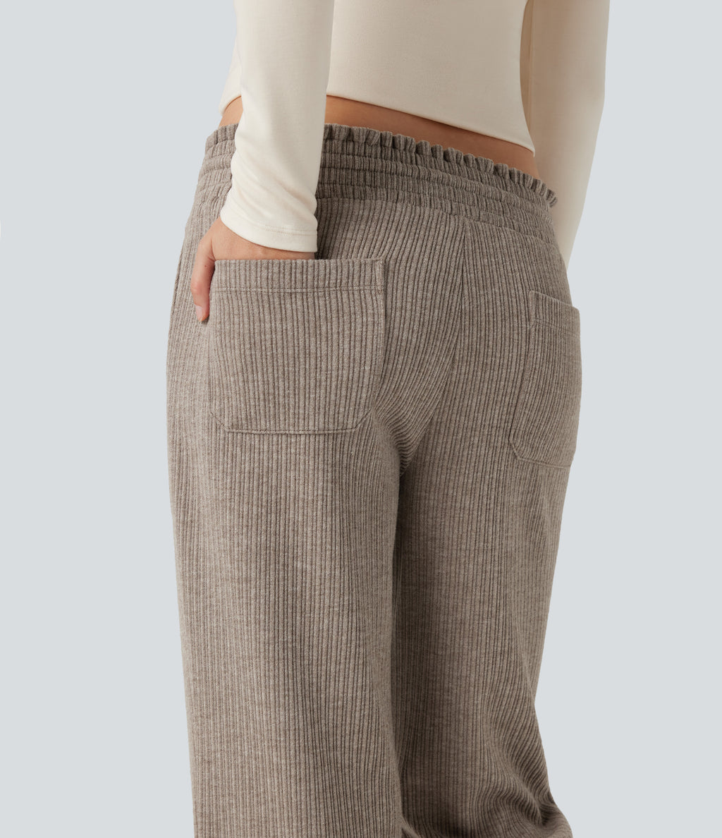 Ribbed Knit Low Rise Drawstring Casual Bootcut Trousers with Pockets — Mocha Meringue — view 5