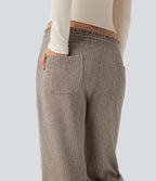 Ribbed Knit Low Rise Drawstring Casual Bootcut Trousers with Pockets — Mocha Meringue — view 5