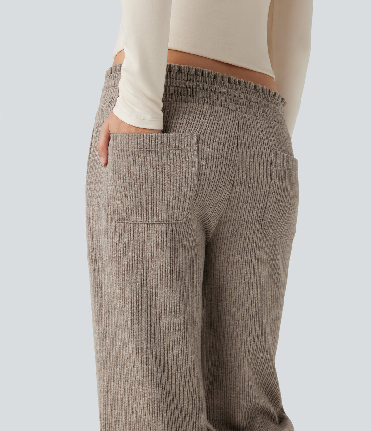 Ribbed Knit Low Rise Drawstring Casual Bootcut Trousers with Pockets — Mocha Meringue — view 5
