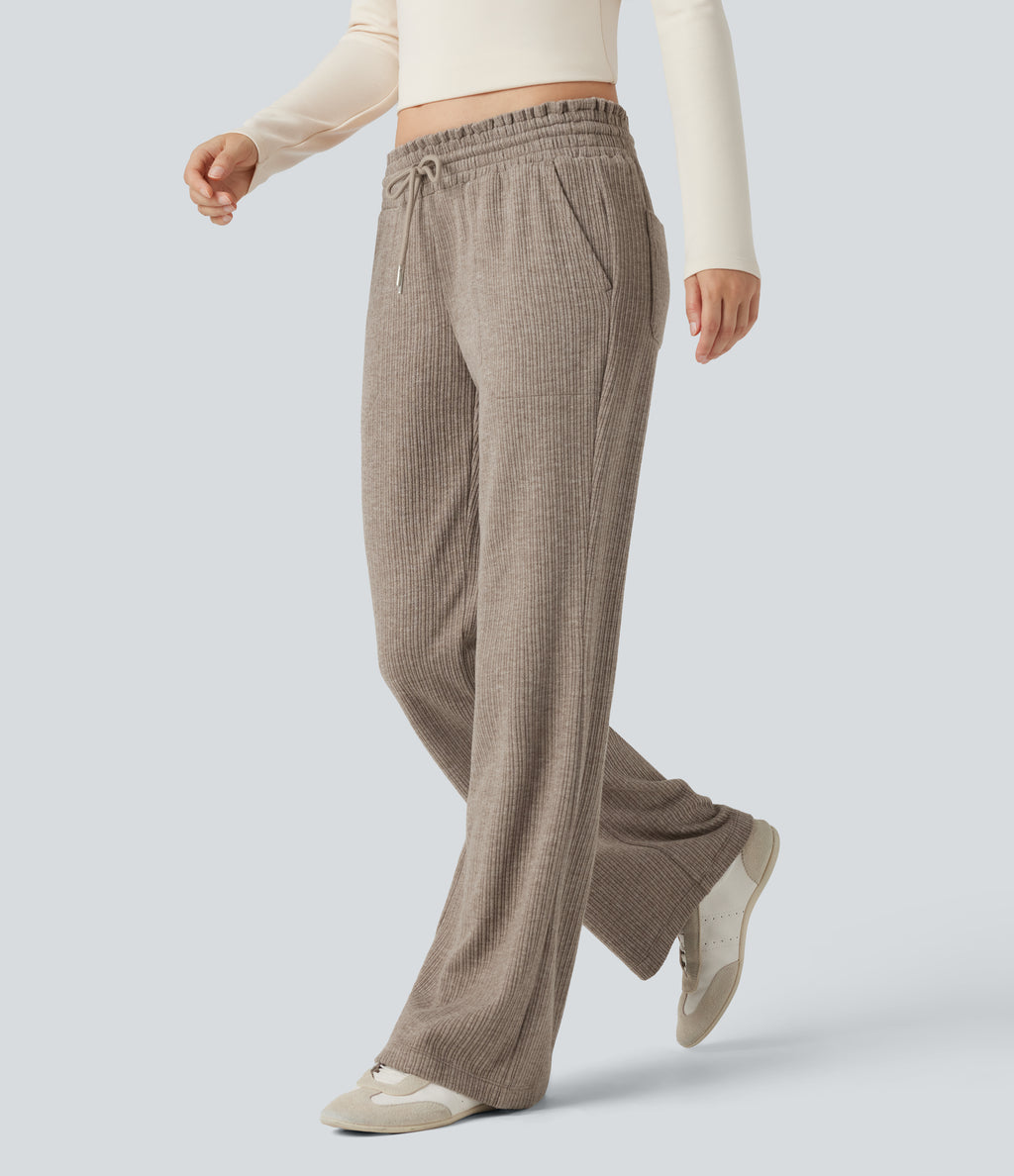 Ribbed Knit Low Rise Drawstring Casual Bootcut Trousers with Pockets — Mocha Meringue — view 3