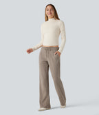 Ribbed Knit Low Rise Drawstring Casual Bootcut Trousers with Pockets — Mocha Meringue — view 6