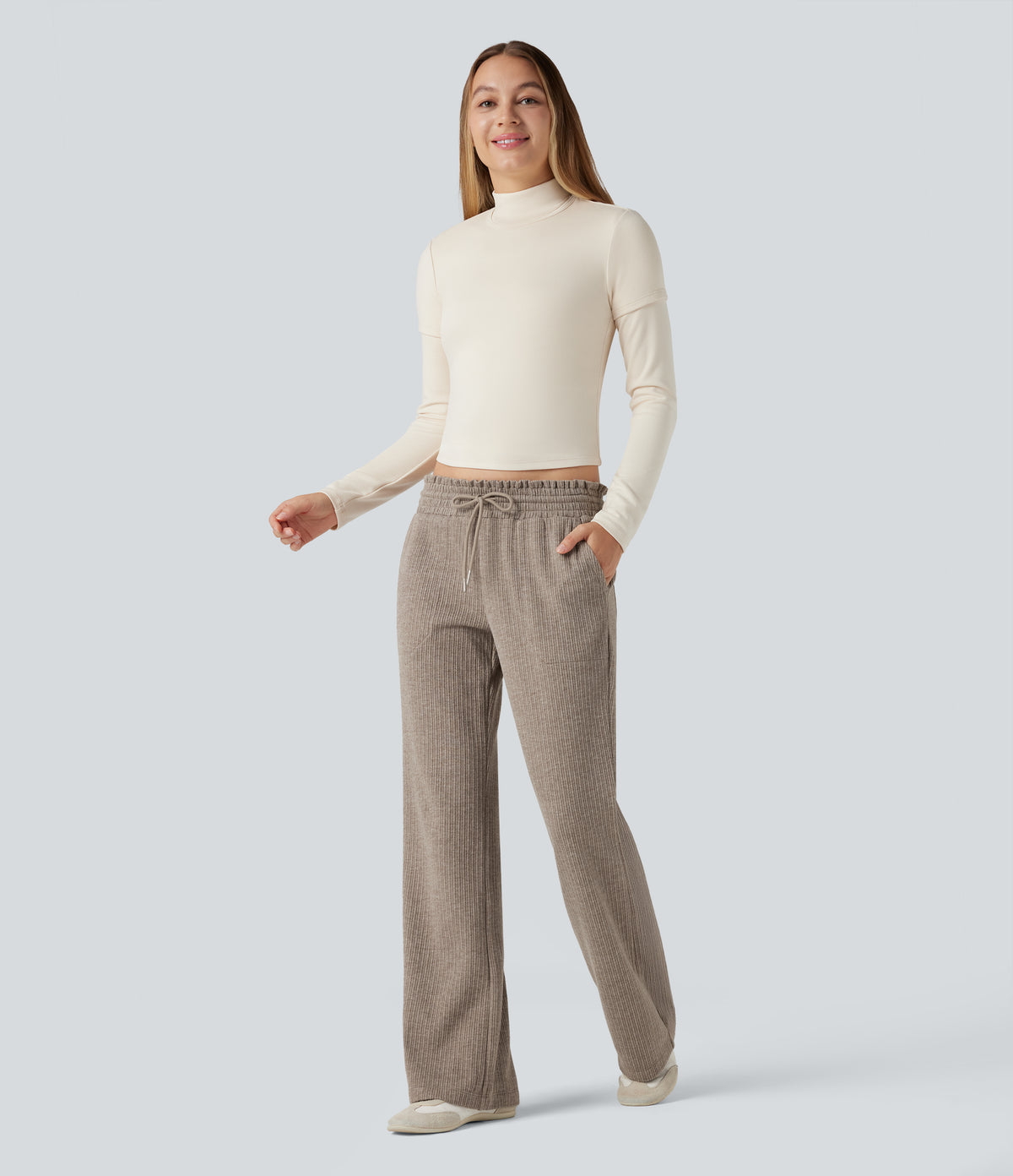 Ribbed Knit Low Rise Drawstring Casual Bootcut Trousers with Pockets — Mocha Meringue — view 6