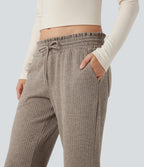 Ribbed Knit Low Rise Drawstring Casual Bootcut Trousers with Pockets — Mocha Meringue — view 4