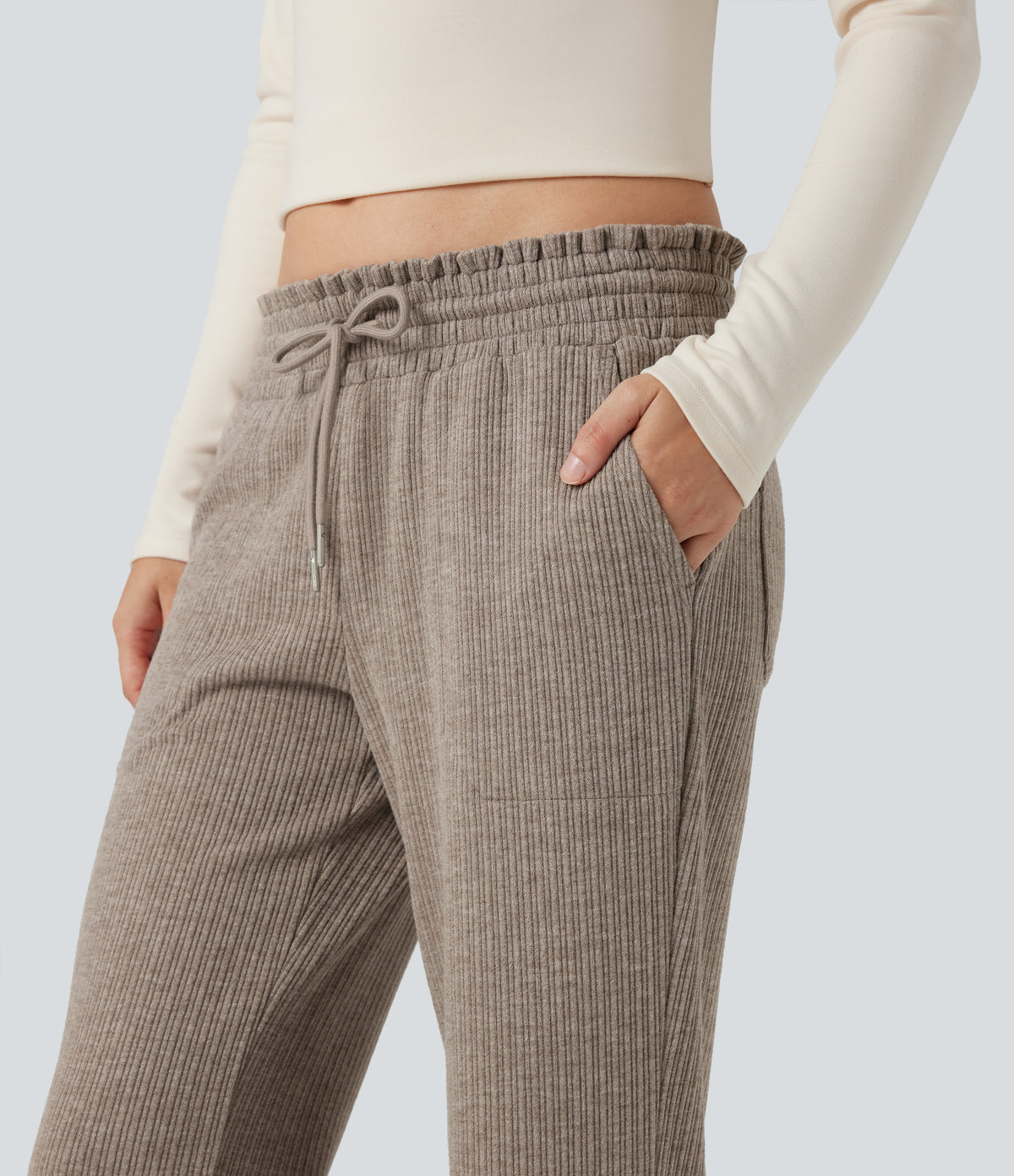 Ribbed Knit Low Rise Drawstring Casual Bootcut Trousers with Pockets — Mocha Meringue — view 4