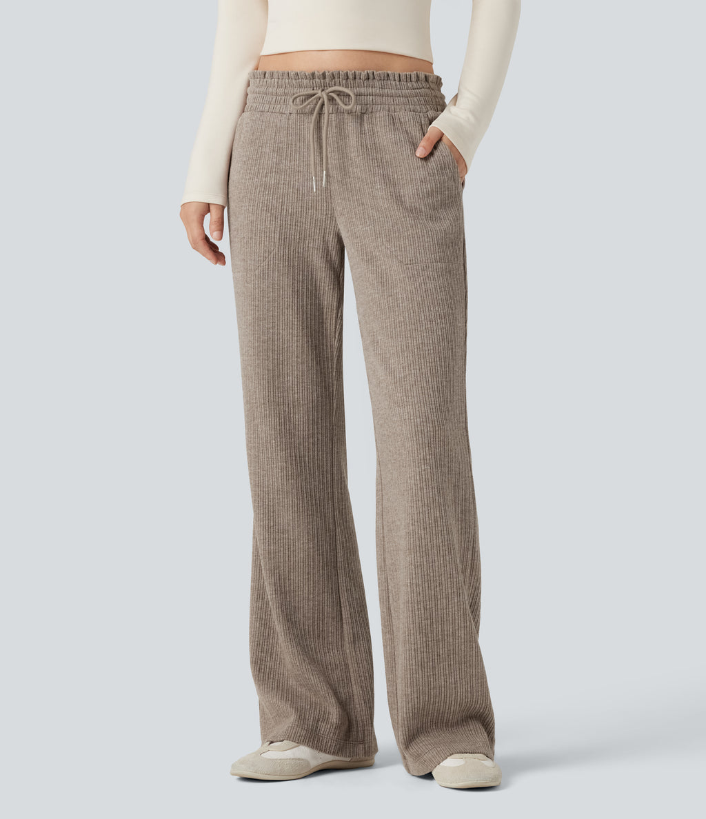 Ribbed Knit Low Rise Drawstring Casual Bootcut Trousers with Pockets — Mocha Meringue — view 1