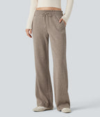 Ribbed Knit Low Rise Drawstring Casual Bootcut Trousers with Pockets — Mocha Meringue — view 1