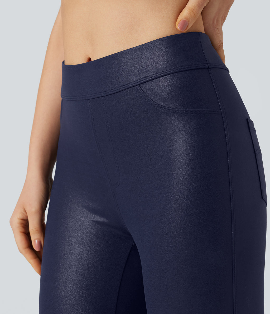 Faux Leather Shine High Waisted Yoga Leggings with Pockets — Peacoat — view 5