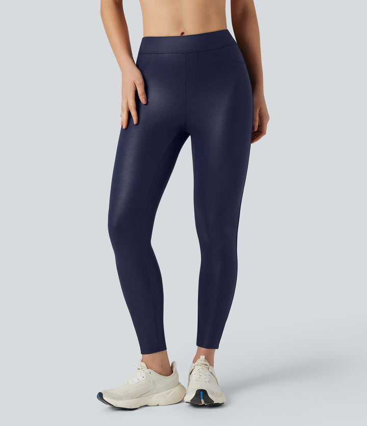 Faux Leather Shine High Waisted Yoga Leggings with Pockets — Peacoat — view 1