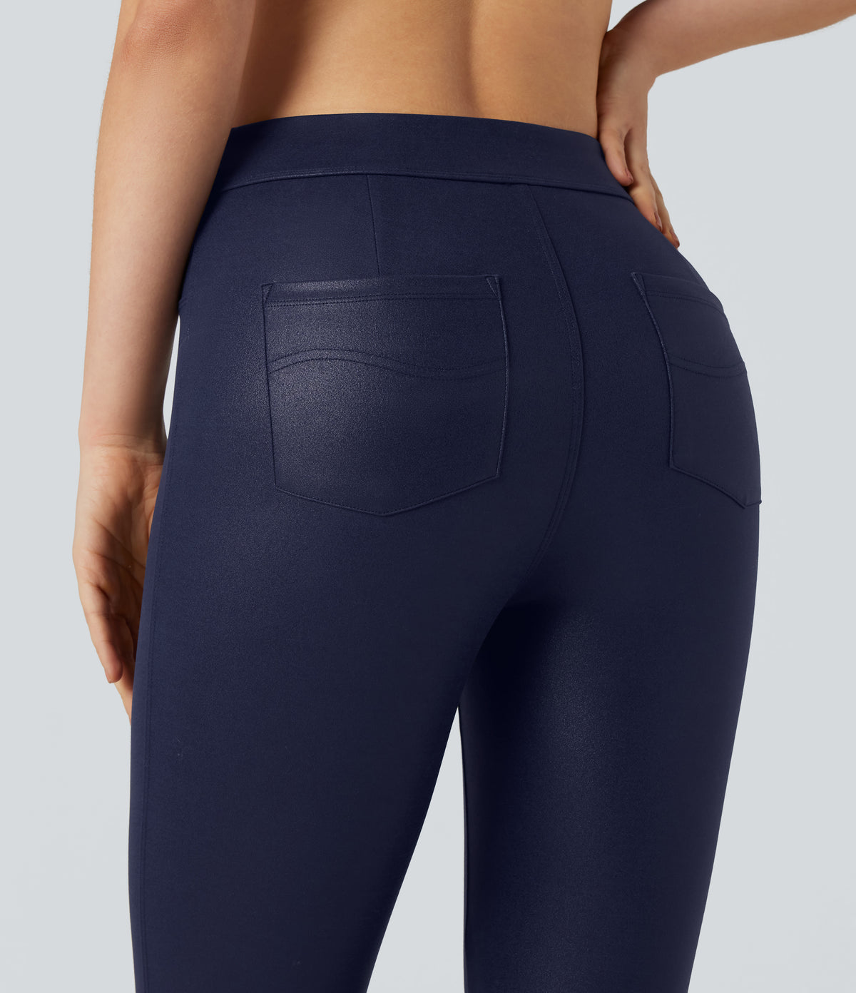 Faux Leather Shine High Waisted Yoga Leggings with Pockets — Peacoat — view 6