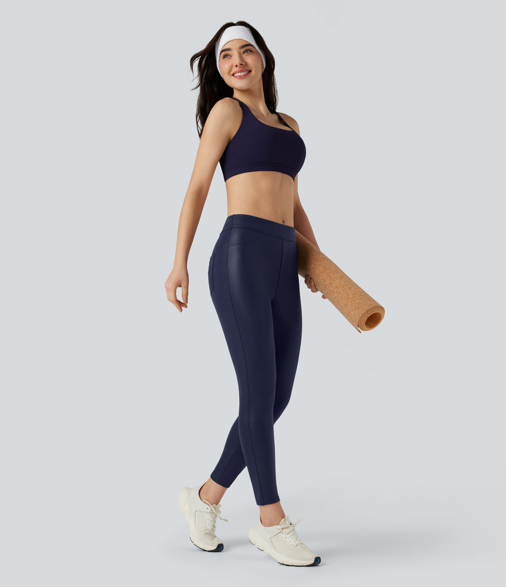 Faux Leather Shine High Waisted Yoga Leggings with Pockets — Peacoat — view 7