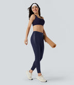 Faux Leather Shine High Waisted Yoga Leggings with Pockets — Peacoat — view 7