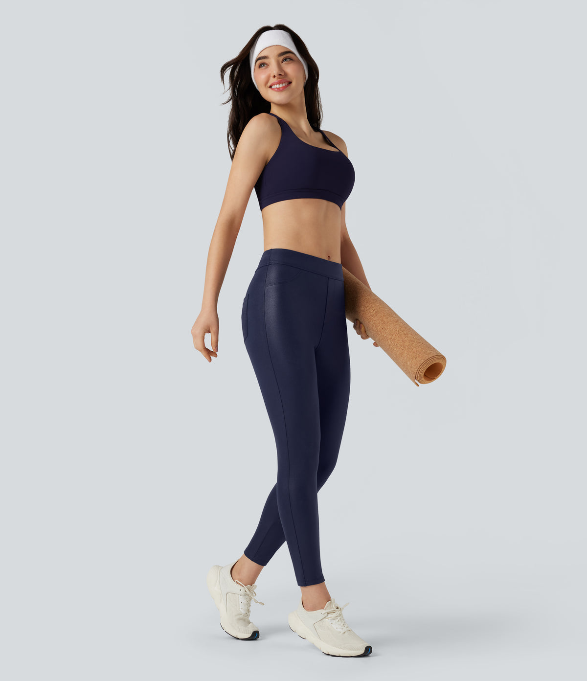 Faux Leather Shine High Waisted Yoga Leggings with Pockets — Peacoat — view 7