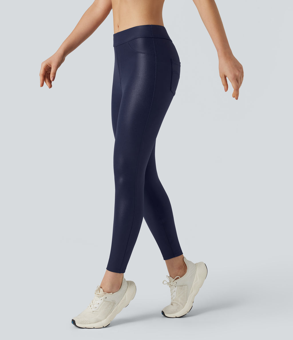 Faux Leather Shine High Waisted Yoga Leggings with Pockets — Peacoat — view 3