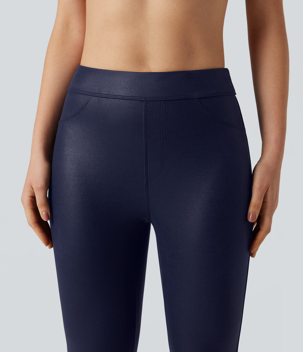 Faux Leather Shine High Waisted Yoga Leggings with Pockets — Peacoat — view 4