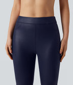 Faux Leather Shine High Waisted Yoga Leggings with Pockets — Peacoat — view 4