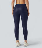 Faux Leather Shine High Waisted Yoga Leggings with Pockets — Peacoat — view 2